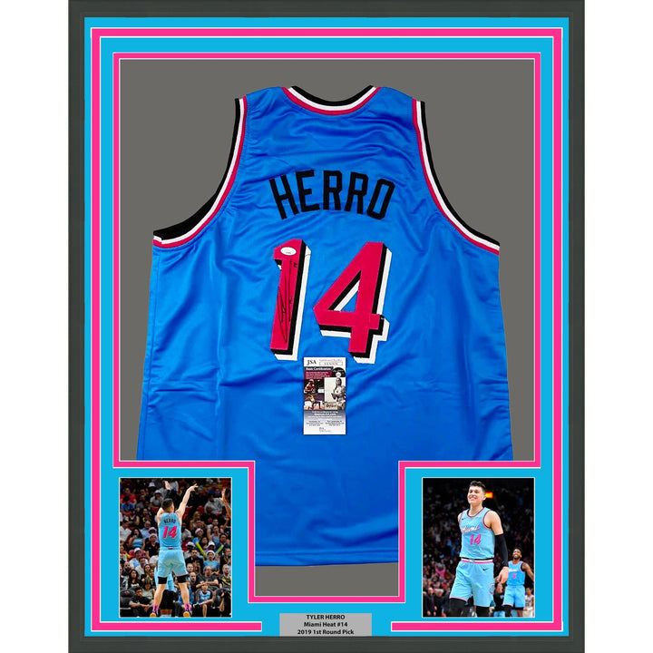 Framed Signed Tyler Herro 35x39 Miami Blue Vice City Jersey JSA COA