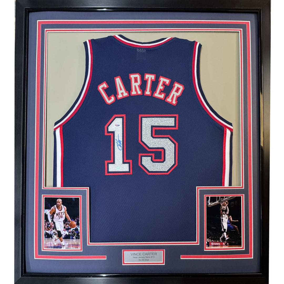 Framed Signed Vince Carter 35x39 New Jersey Navy Blue Jersey PSA COA