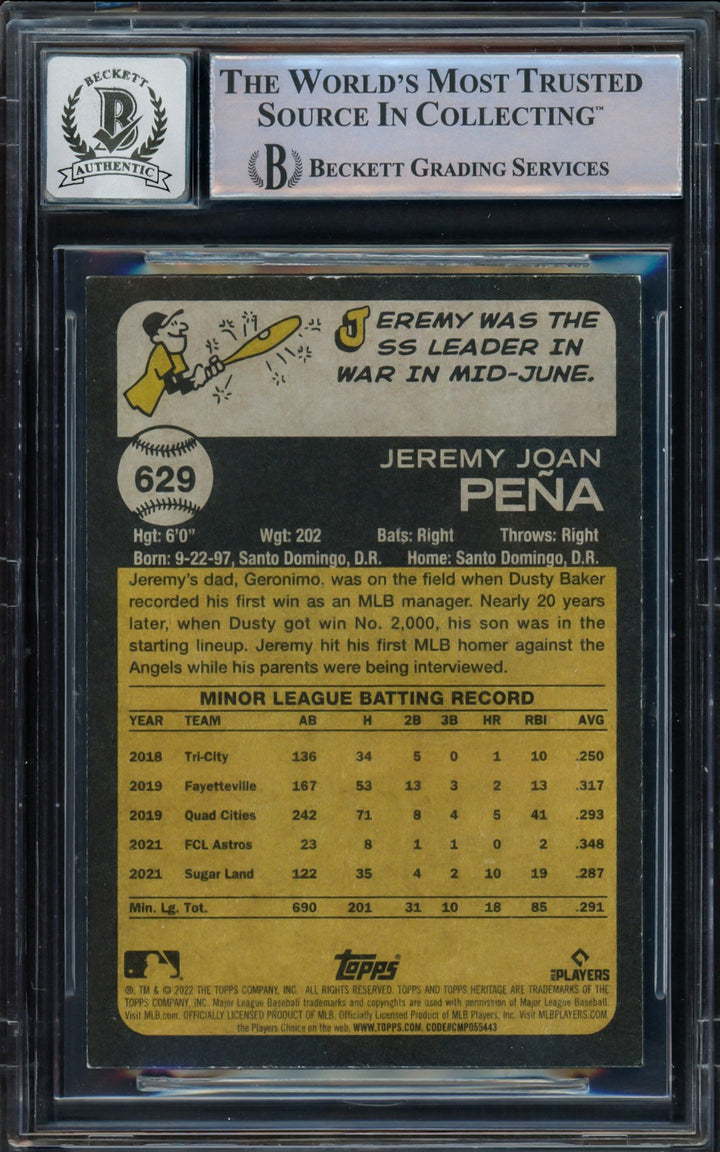 Jeremy Pena Signed 2022 Topps Heritage RC 629 Houston Astros Auto GM 10 Beckett