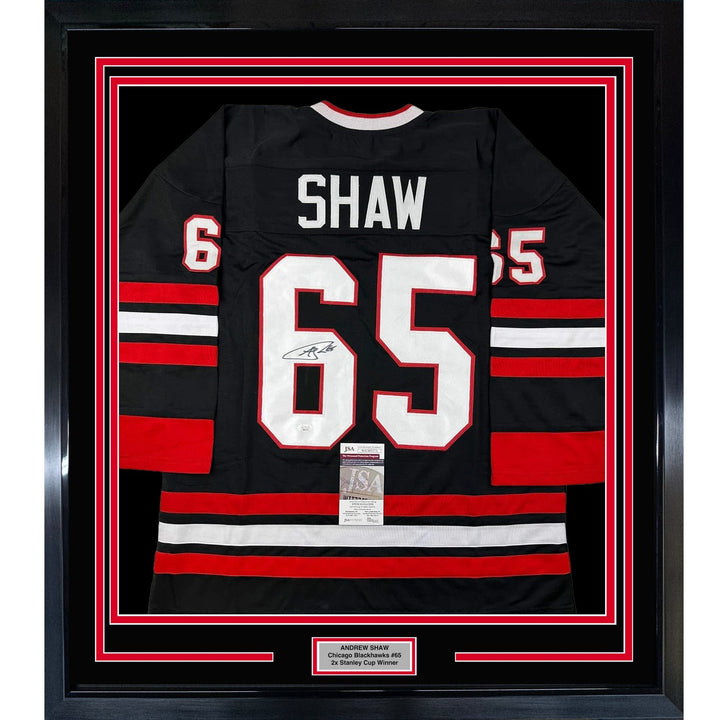 Framed Autographed/Signed Andrew Shaw 35x39 Chicago Black Jersey JSA COA