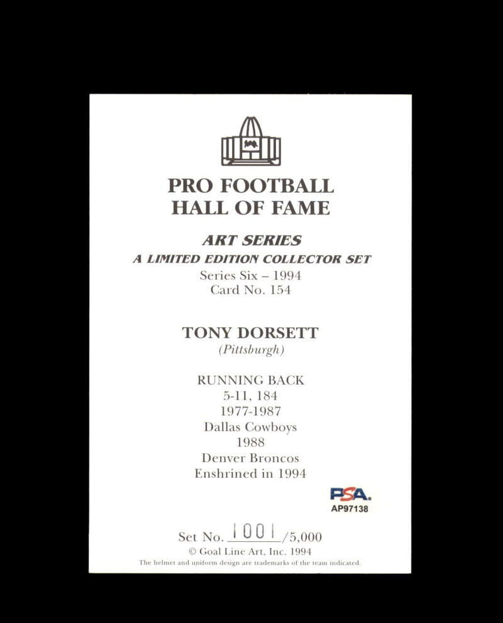 Tony Dorsett PSA DNA Signed Goal Line Art Card GLAC Autograph