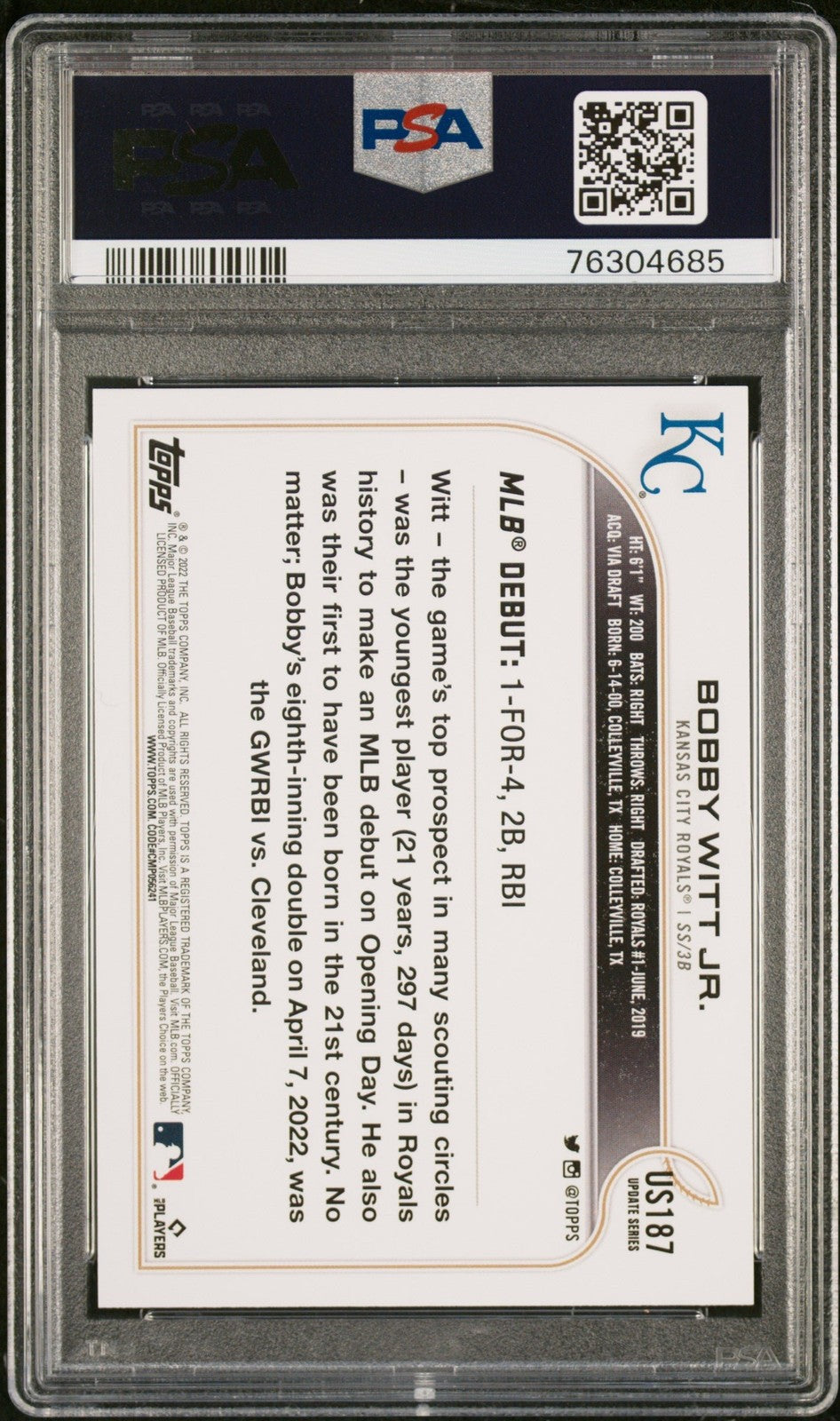 Graded 2022 Topps Update Bobby Witt Jr. #US187 Rookie Baseball Card PSA 10