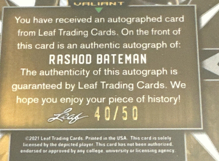 2021 Leaf Valiant Rashod Bateman Orange RC Rookie Auto 18/50 BGS 9.5 Gem 10 Auto