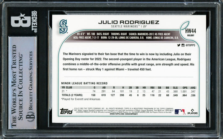 Julio Rodriguez Signed 2022 Topps Holiday RC #HW44 Seattle Mariners Beckett
