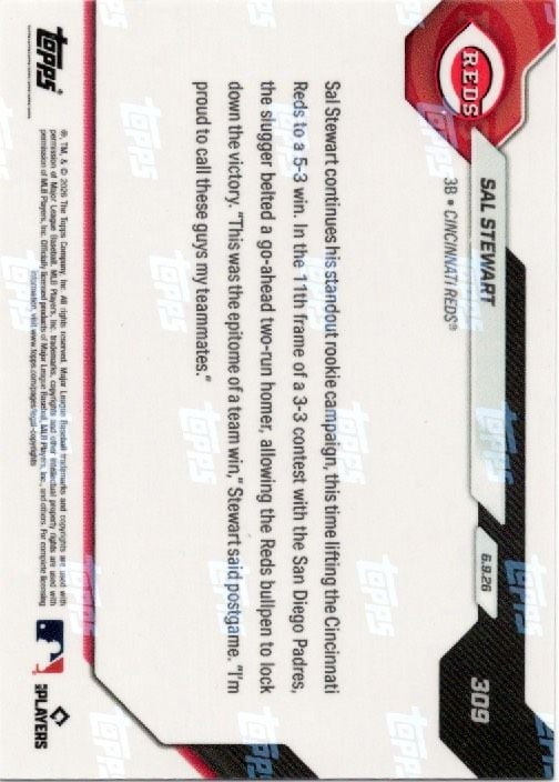 2026 Topps Now Sal Stewart #309 Gold Foil /50 Rookie RC Baseball Card