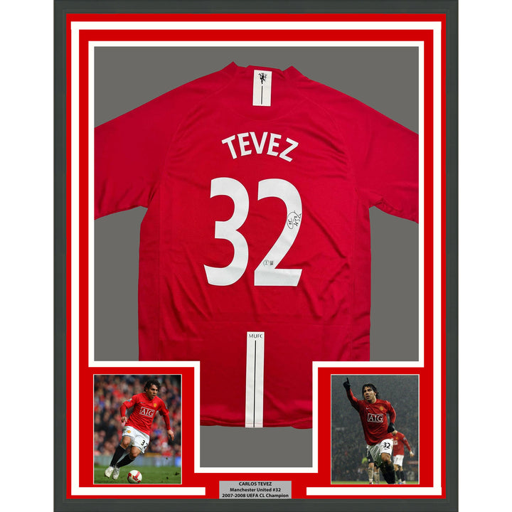 Framed Autographed/Signed Carlos Tevez 35x39 Manchester United Jersey BAS COA