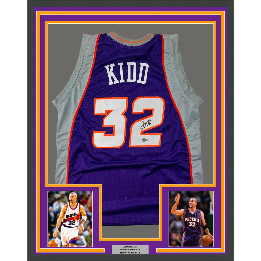 Framed Autographed/Signed Jason Kidd 35x39 Phoenix Purple Jersey BAS COA