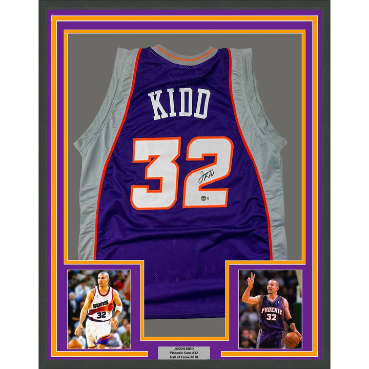 Framed Autographed/Signed Jason Kidd 35x39 Phoenix Purple Jersey BAS COA