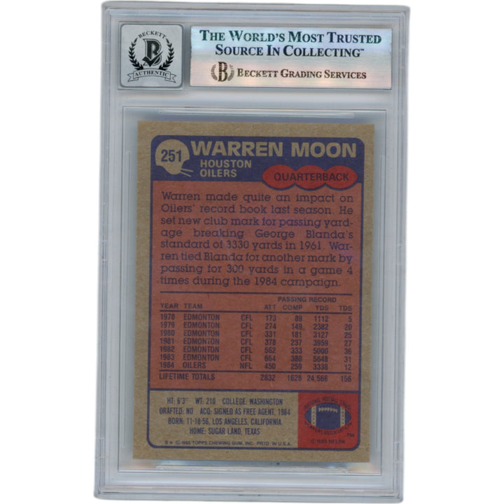 Warren Moon Autographed 1985 Topps #251 HOF Slabbed Trading Card Beckett 50666