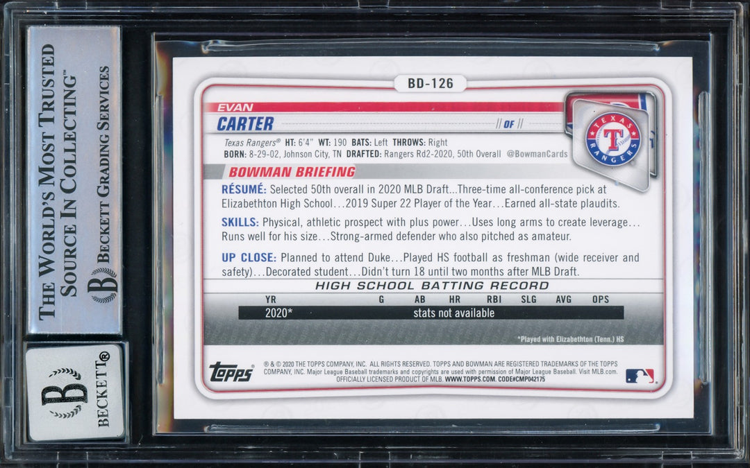 Evan Carter Auto 2020 Bowman Draft RC BD-126 Rangers Auto 10 Full Name Beckett