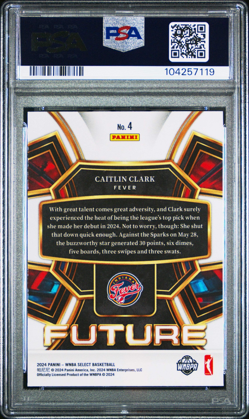 Graded 2024 Panini Select Caitlin Clark #4 Future Rookie Basketball Card PSA 10