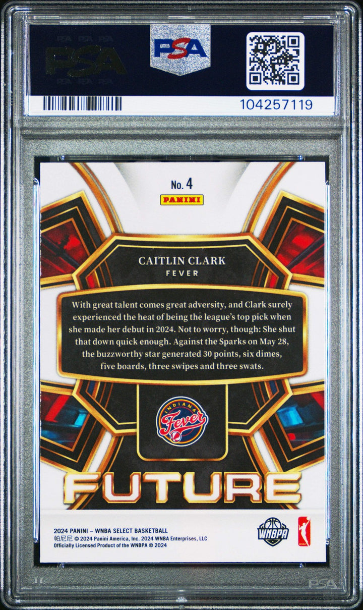 Graded 2024 Panini Select Caitlin Clark #4 Future Rookie Basketball Card PSA 10