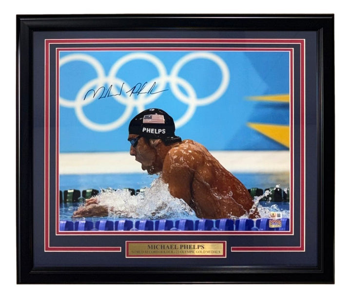 Michael Phelps Signed In Black Framed 16x20 USA Gold Medal Swimming Photo BAS