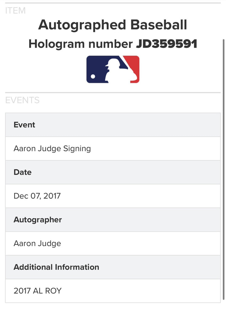 Aaron Judge Ny Yankees Signed MLB Baseball 2017 AL ROY Rookie Auto Fanatics Coa