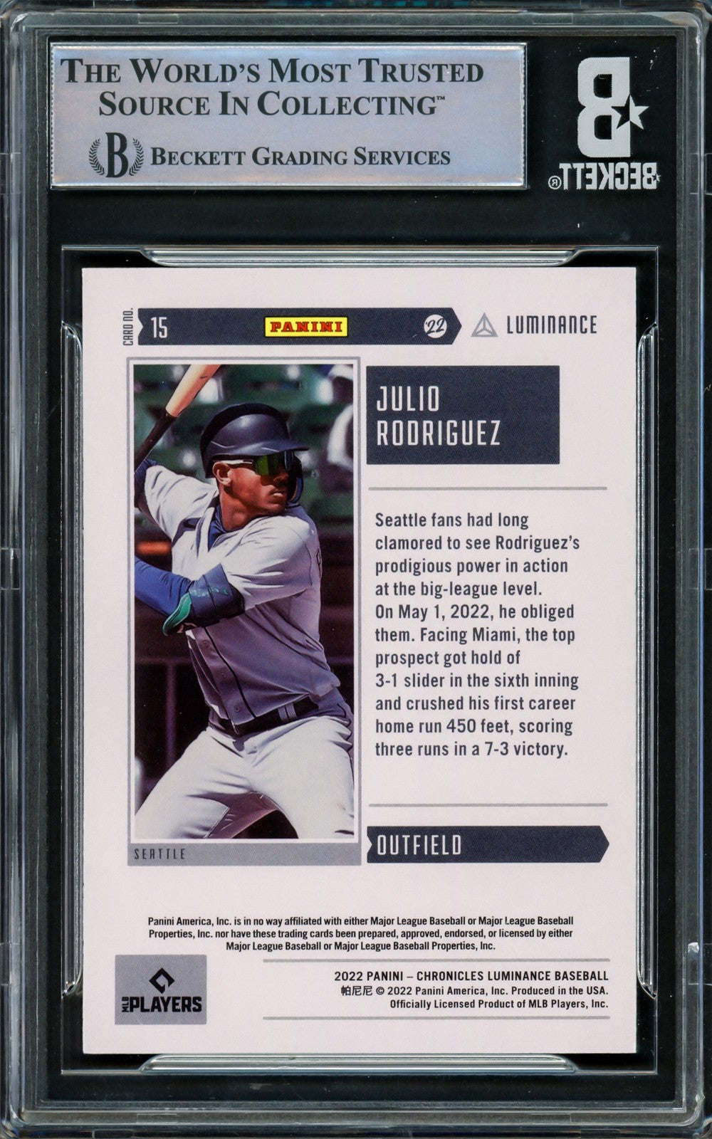 Julio Rodriguez Signed 2022 Chronicles Luminance RC #15 Seattle Mariners Beckett