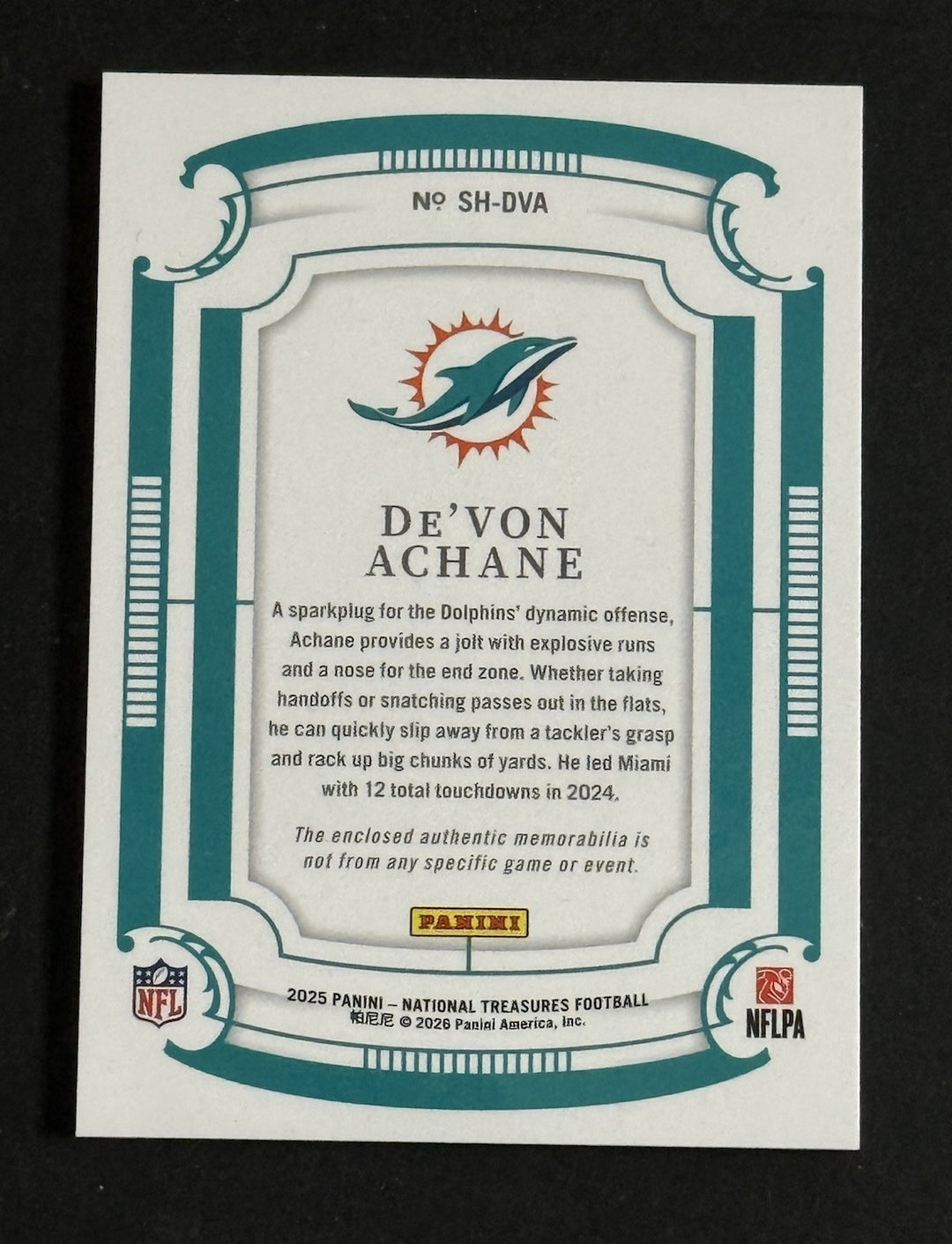 2025 National Treasures Platinum NFL SHIELD Patch 1/1 De’von Achane Dolphins MT