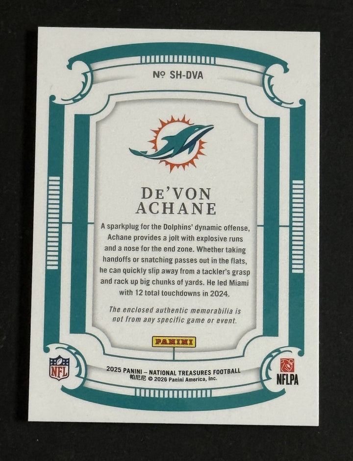 2025 National Treasures Platinum NFL SHIELD Patch 1/1 De’von Achane Dolphins MT