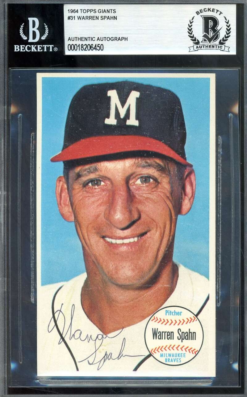 Warren Spahn Beckett BAS Vintage Signed 1964 Topps Giants Autograph