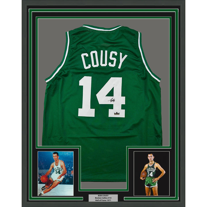 Framed Facsimile Autographed Bob Cousy 33x42 Green Reprint Laser Auto Jersey