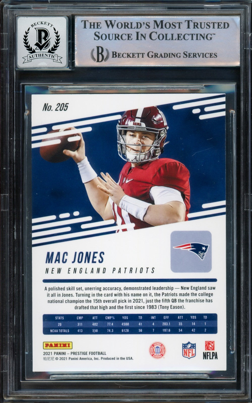 Mac Jones Signed 2021 Panini Prestige RC 205 Patriots Auto GM 10 Beckett