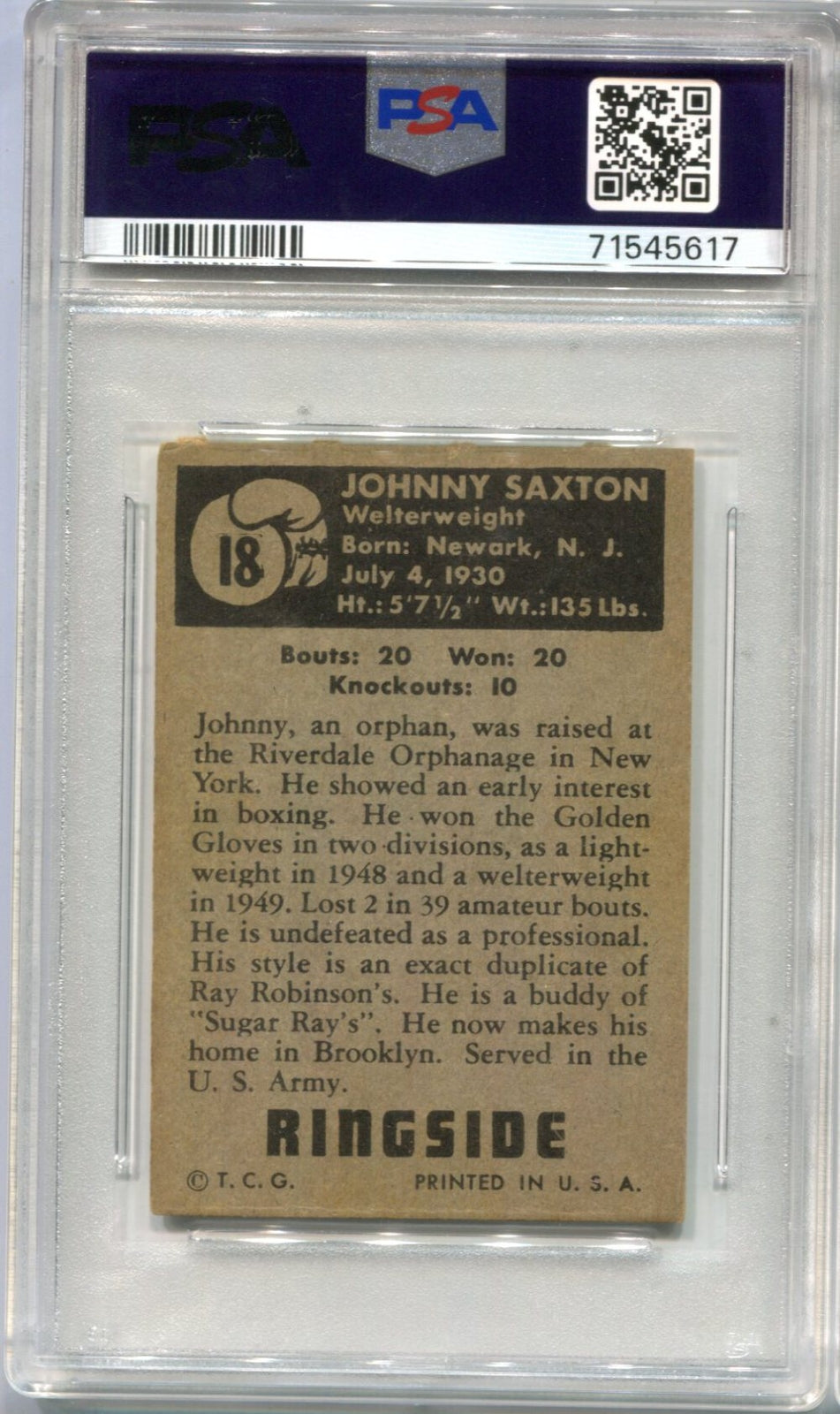 Johnny Saxton Topps Ringside #18 PSA 5 Card