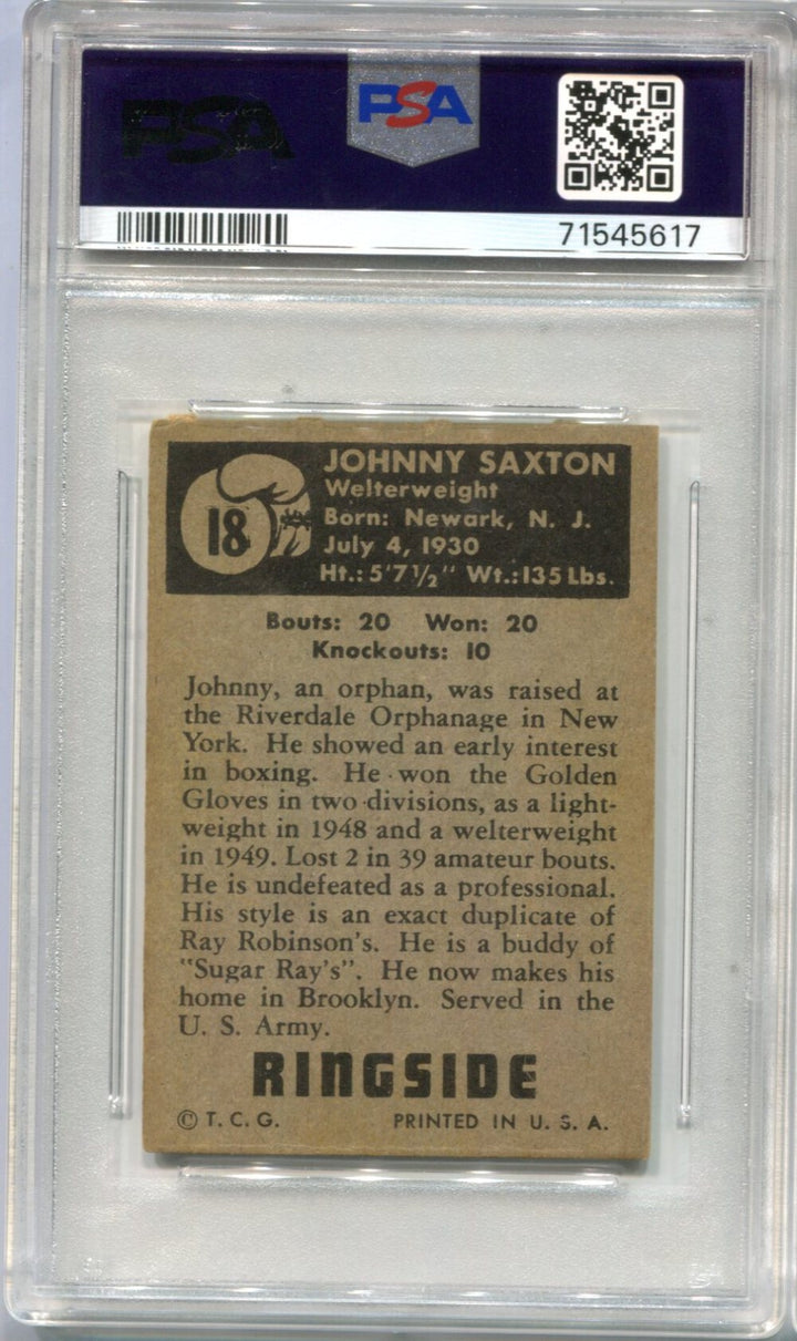 Johnny Saxton Topps Ringside #18 PSA 5 Card