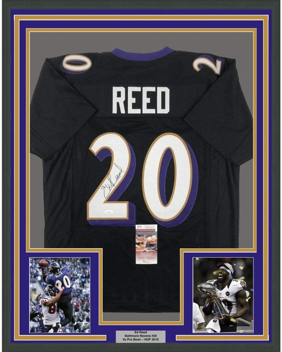 Framed Autographed/Signed Ed Reed 35x39 Baltimore Black Jersey JSA COA