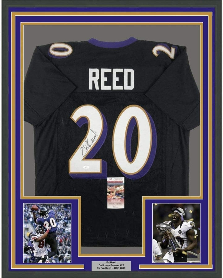 Framed Autographed/Signed Ed Reed 35x39 Baltimore Black Jersey JSA COA