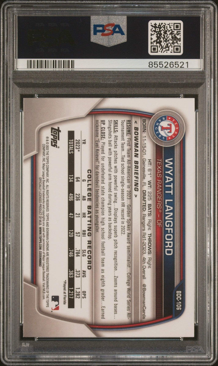 Graded 2023 Bowman Draft Wyatt Langford #BDC106 Chrome RC Baseball Card PSA 10
