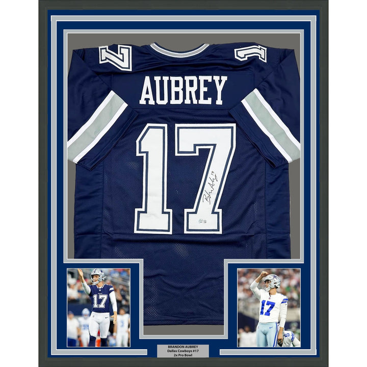 Framed Autographed/Signed Brandon Aubrey 35x39 Dallas Blue Jersey BAS COA