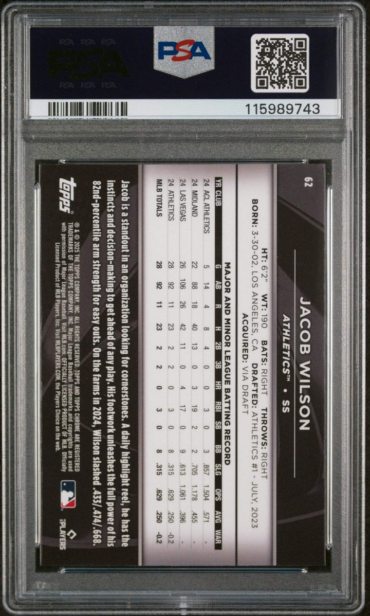 Graded 2025 Topps Chrome Black Jacob Wilson #62 Rookie RC Baseball Card PSA 10