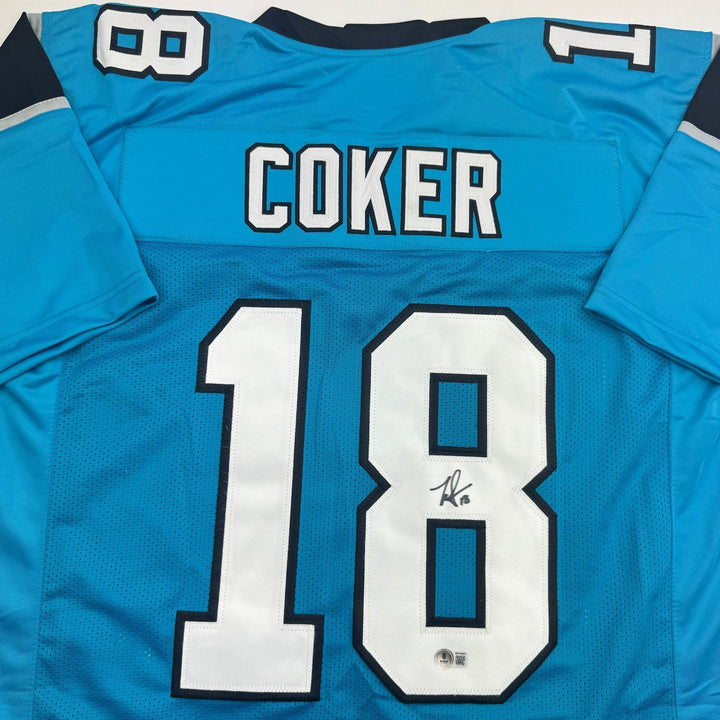 Autographed/Signed Jalen Coker Carolina Blue Football Jersey Beckett COA