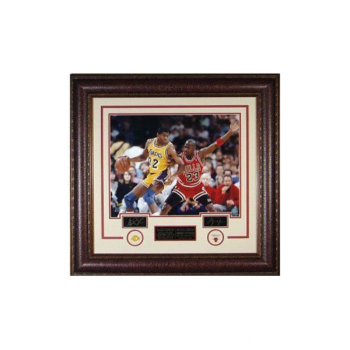 Magic Johnson & Michael Jordan unsigned Lakers/Bulls Eng Sig Series 33x32 Framed