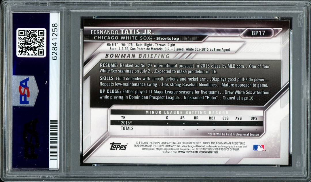 Fernando Tatis Jr. Auto 2016 Bowman Prospects RC BP17 Padres PSA 8 Sig 9 PSA/DNA
