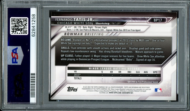 Fernando Tatis Jr. Auto 2016 Bowman Prospects RC BP17 Padres PSA 8 Sig 9 PSA/DNA