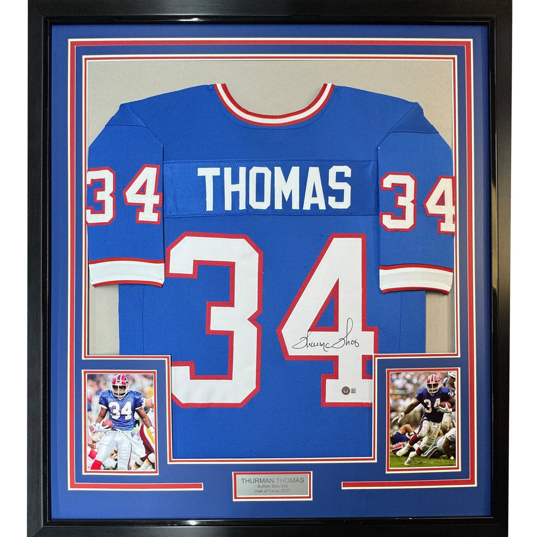 FRAMED Signed THURMAN THOMAS 35x39 Buffalo Blue Jersey JSA COA Auto