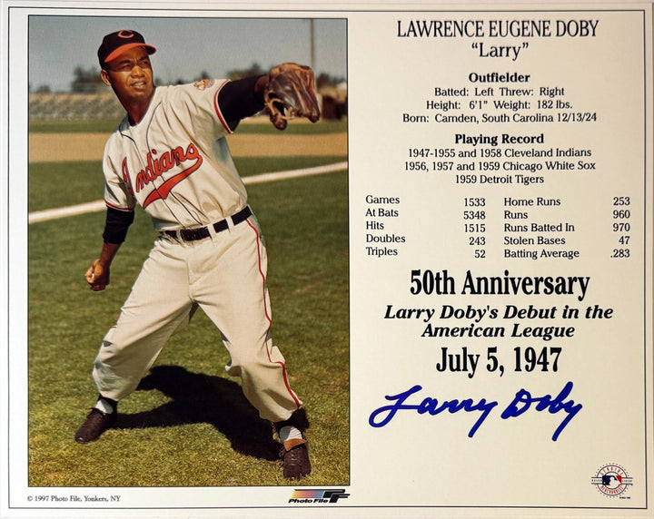 Larry Doby signed Cleveland MLB 50th Anniversary 8x10 Photo/Card- COA/Ticket/HOF