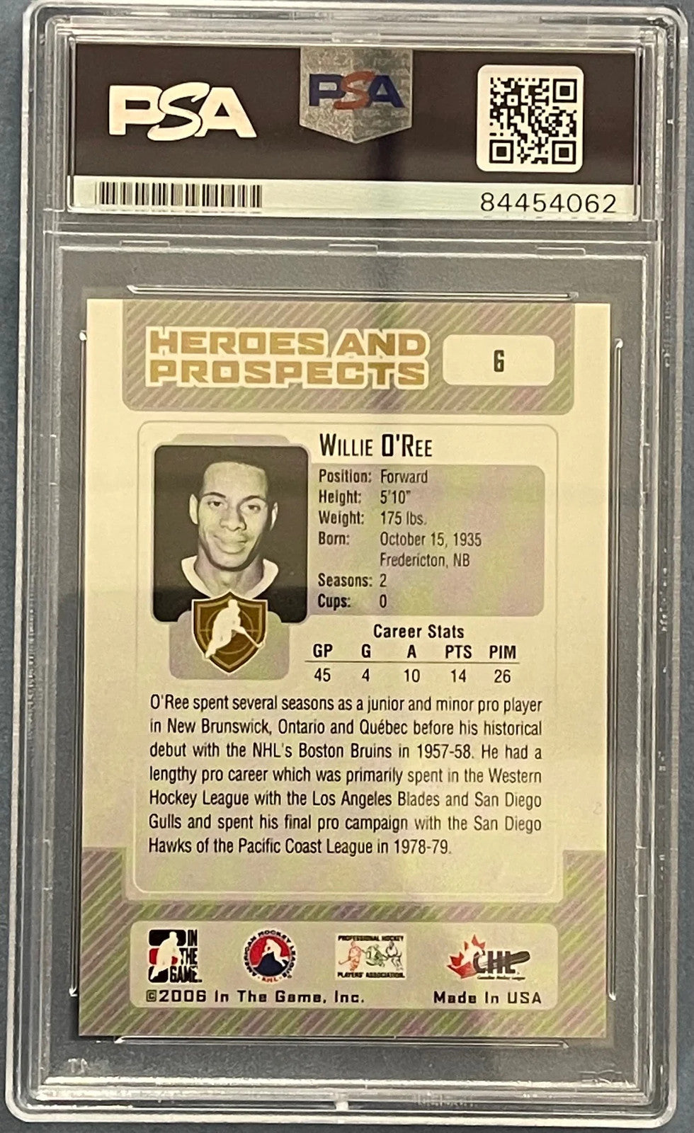 Willie O'Ree Autographed 2006 In The Game Card (PSA)
