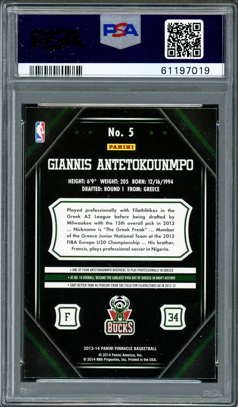 Giannis Antetokounmpo Signed 2013 Panini Pinnacle RC 5 Bucks Auto 10 PSA/DNA