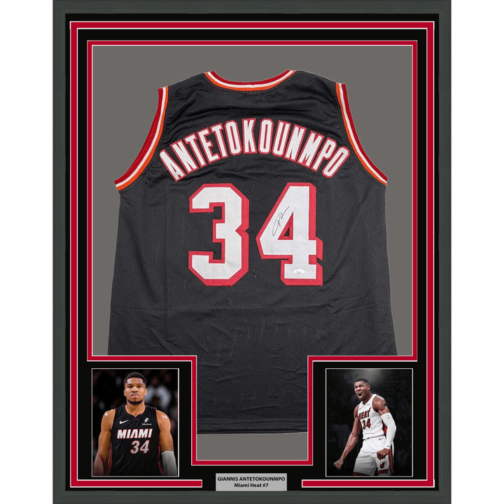 Framed Autographed Giannis Antetokounmpo 35x39 Miami Retro Jersey JSA COA