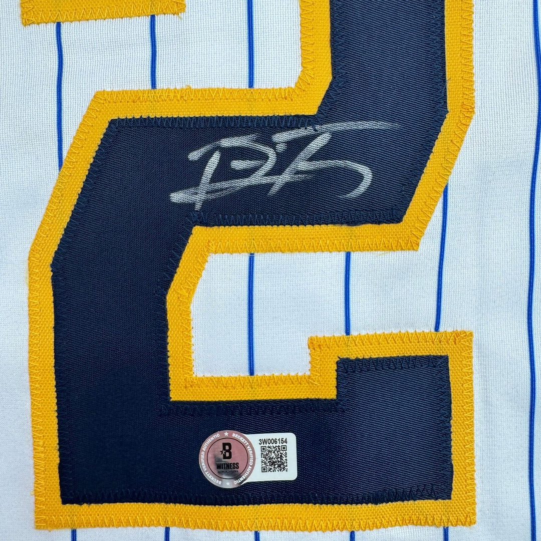 Autographed/Signed Brice Turang Milwaukee Pinstripe Baseball Jersey BAS COA