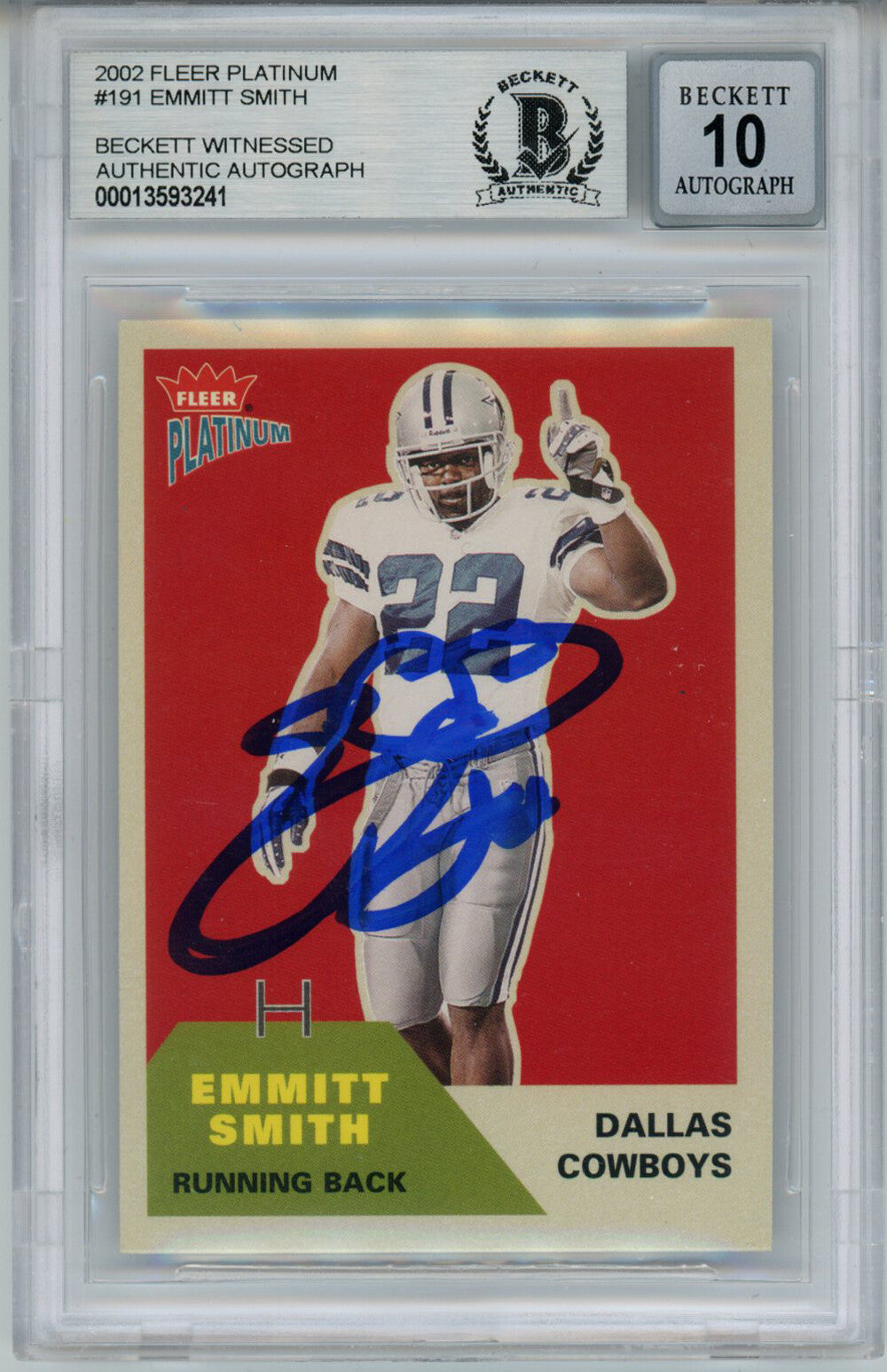 Emmitt Smith Signed 2002 Fleer Platinum #191 Trading Card Beckett 10 Slab 35083