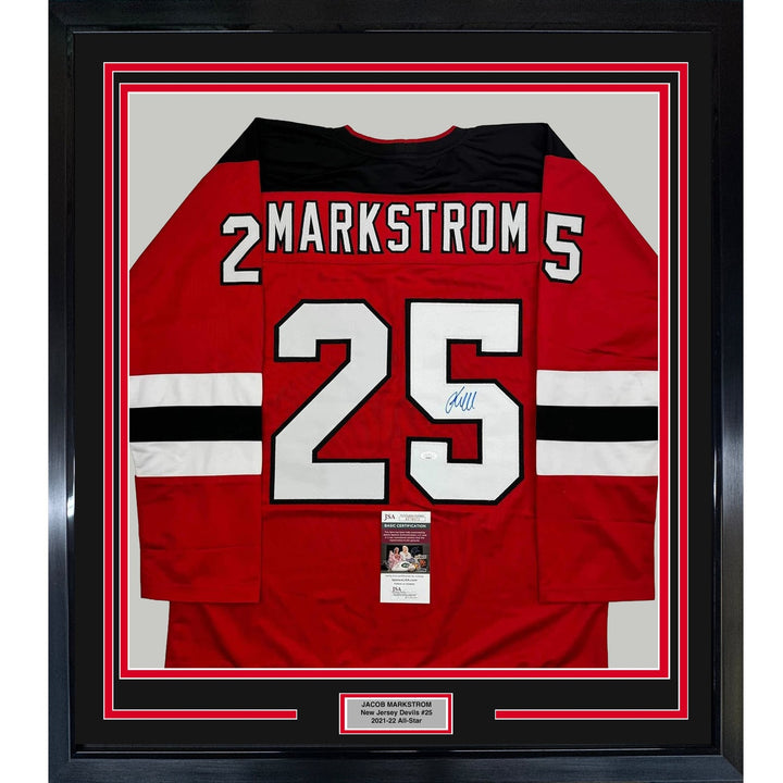 Framed Signed Jacob Markstrom 35x39 New Jersey Red Jersey JSA COA