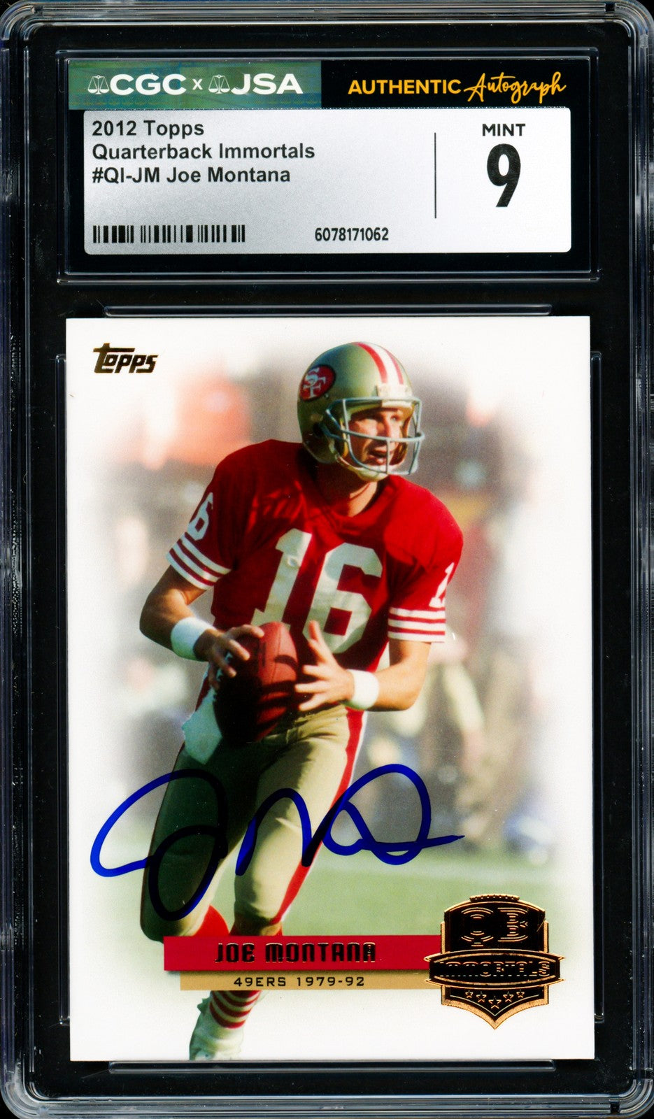 Joe Montana Auto 2012 Topps QB Immortals Card QI-JM 49ers Grade 9 CGC x JSA