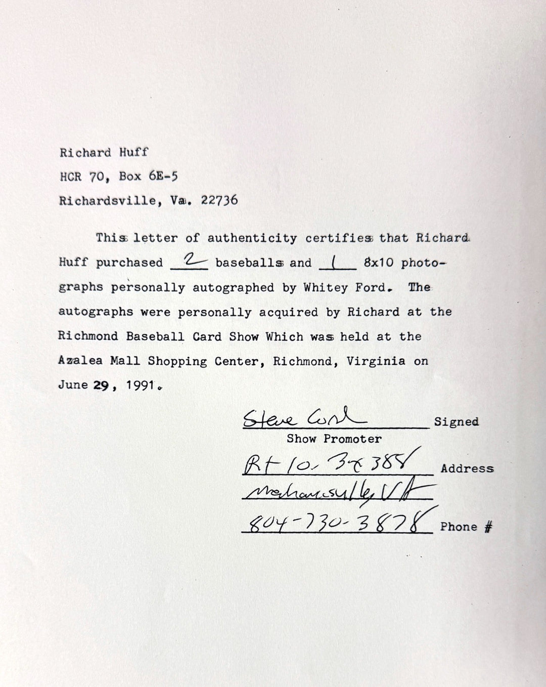 Whitey Ford signed New York Yankees 8x10 Photo Minor Dings Framed - COA (HOF)