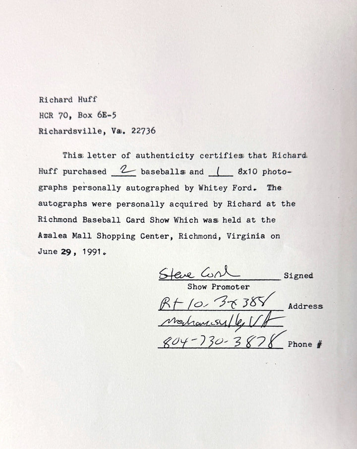 Whitey Ford signed New York Yankees 8x10 Photo Minor Dings Framed - COA (HOF)