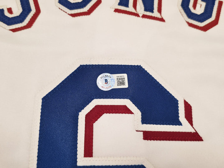 Texas Rangers Josh Jung Signed White Jersey "23 WS Champs" Beckett Witness