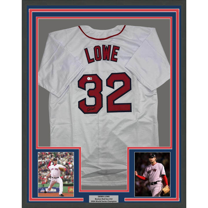 Framed Autographed/Signed Derek Lowe 35x39 Boston White Jersey Beckett COA