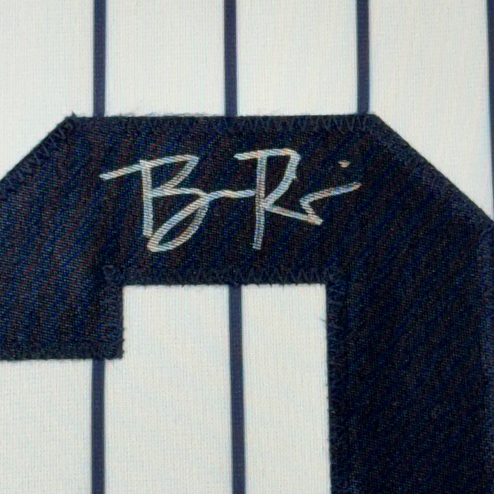 Framed Autographed/Signed Ben Rice 35x39 New York Pinstripe Jersey JSA COA