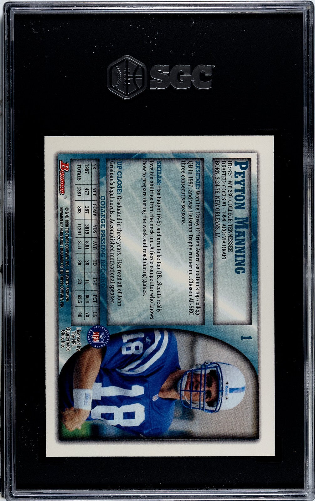 Peyton Manning 1998 Bowman Rookie Card (RC) #1 Indianapolis - SGC Graded 9.5 MT+